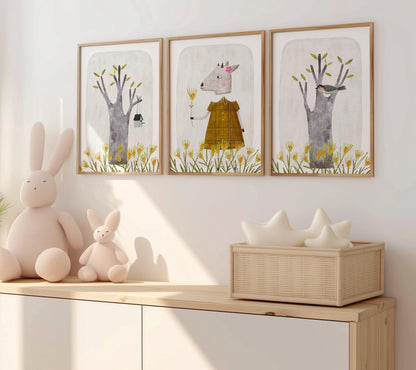 Set of 3 Nursery Enchanting Art Prints, Cute Wall Art Print for Children Room, Hand Painted Nursery Poster, Neutral Tone Storybook Print 191