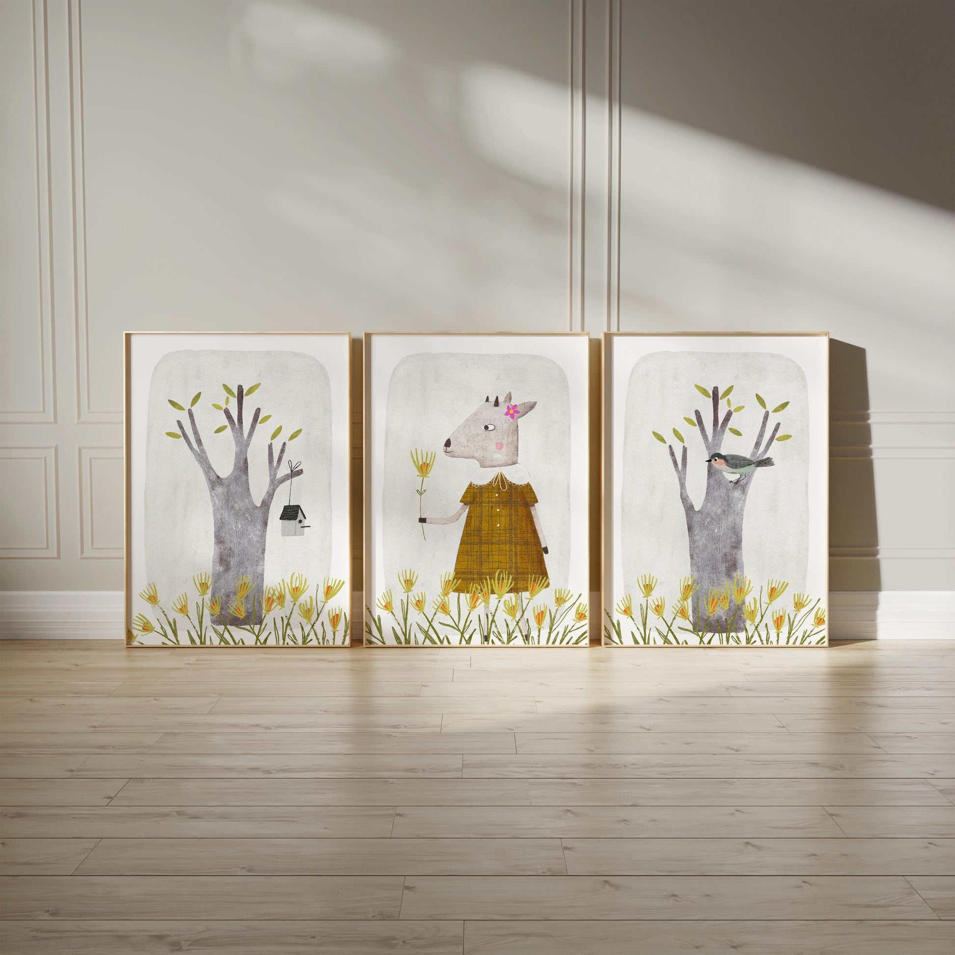 Set of 3 Nursery Enchanting Art Prints, Cute Wall Art Print for Children Room, Hand Painted Nursery Poster, Neutral Tone Storybook Print 191