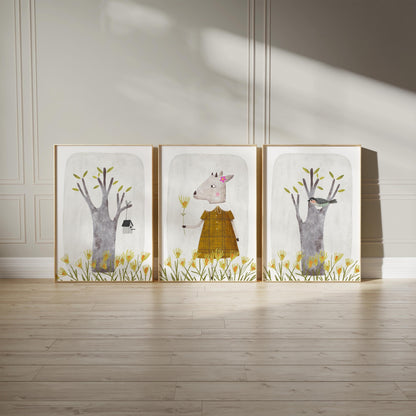 Set of 3 Nursery Enchanting Art Prints, Cute Wall Art Print for Children Room, Hand Painted Nursery Poster, Neutral Tone Storybook Print 191