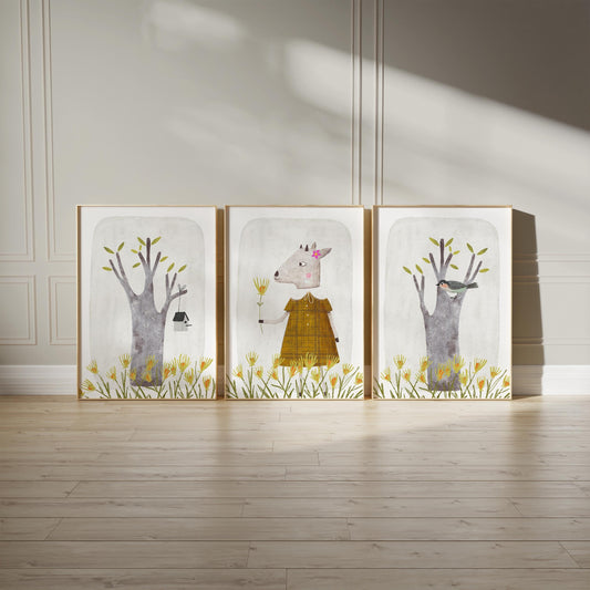 Set of 3 Nursery Enchanting Art Prints, Cute Wall Art Print for Children Room, Hand Painted Nursery Poster, Neutral Tone Storybook Print 191