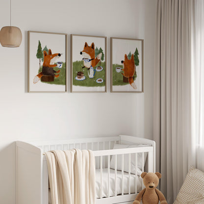Set of 3 Nursery Woodland Art Prints, Fox Tea party Wall Art Print for Children Room, Kids Poster, Storybook Decor, Forest animal Art N192