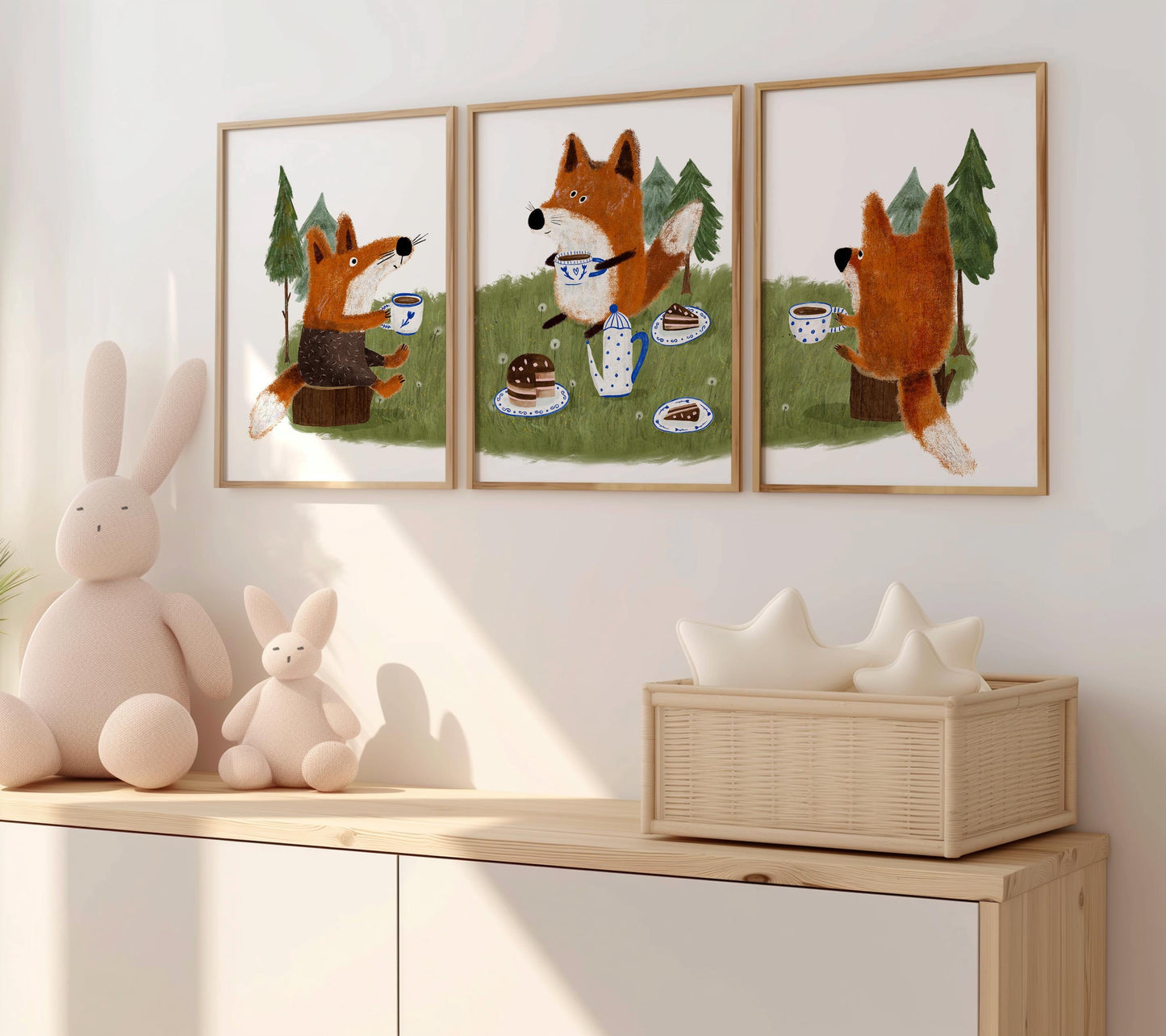 Set of 3 Nursery Woodland Art Prints, Fox Tea party Wall Art Print for Children Room, Kids Poster, Storybook Decor, Forest animal Art N192