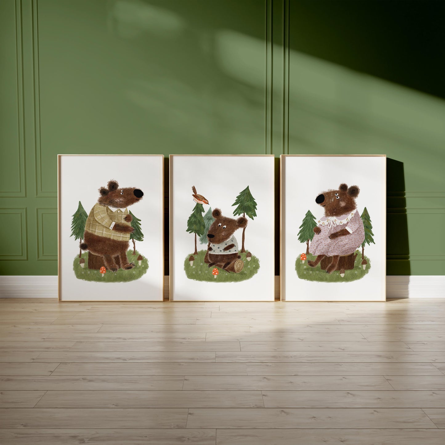 Set of 3 Nursery Woodland Art Prints, Bear Family Wall Decor, Storybook Poster, Forest animal Art, Playroom Themes, Kids Nature Posters N193