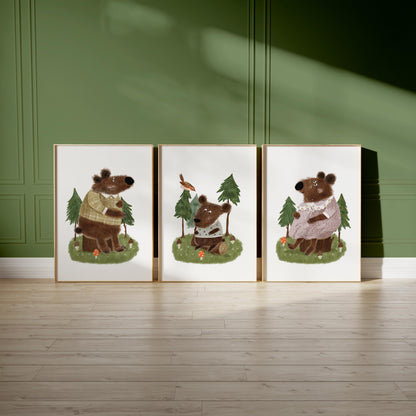 Set of 3 Nursery Woodland Art Prints, Bear Family Wall Decor, Storybook Poster, Forest animal Art, Playroom Themes, Kids Nature Posters N193