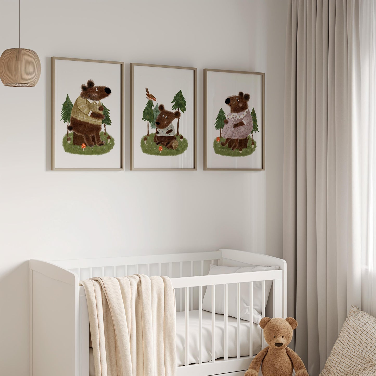Set of 3 Nursery Woodland Art Prints, Bear Family Wall Decor, Storybook Poster, Forest animal Art, Playroom Themes, Kids Nature Posters N193