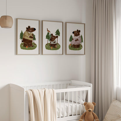 Set of 3 Nursery Woodland Art Prints, Bear Family Wall Decor, Storybook Poster, Forest animal Art, Playroom Themes, Kids Nature Posters N193
