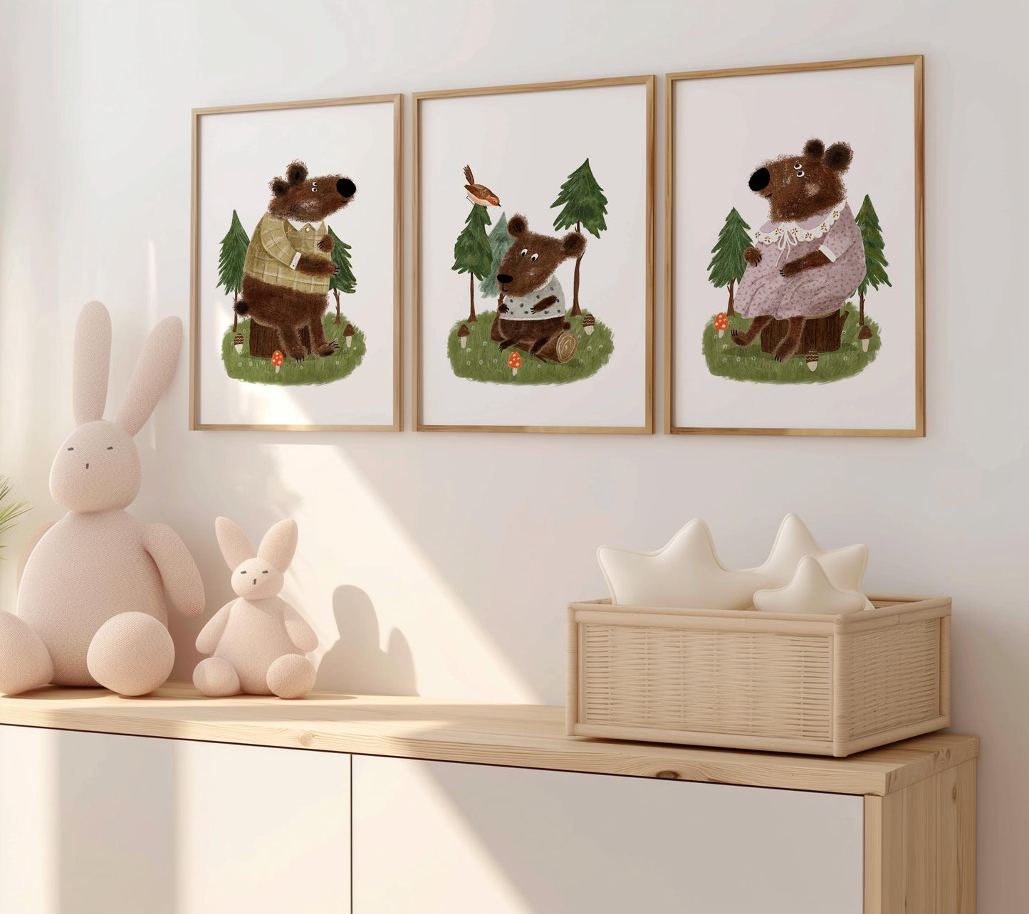 Set of 3 Nursery Woodland Art Prints, Bear Family Wall Decor, Storybook Poster, Forest animal Art, Playroom Themes, Kids Nature Posters N193