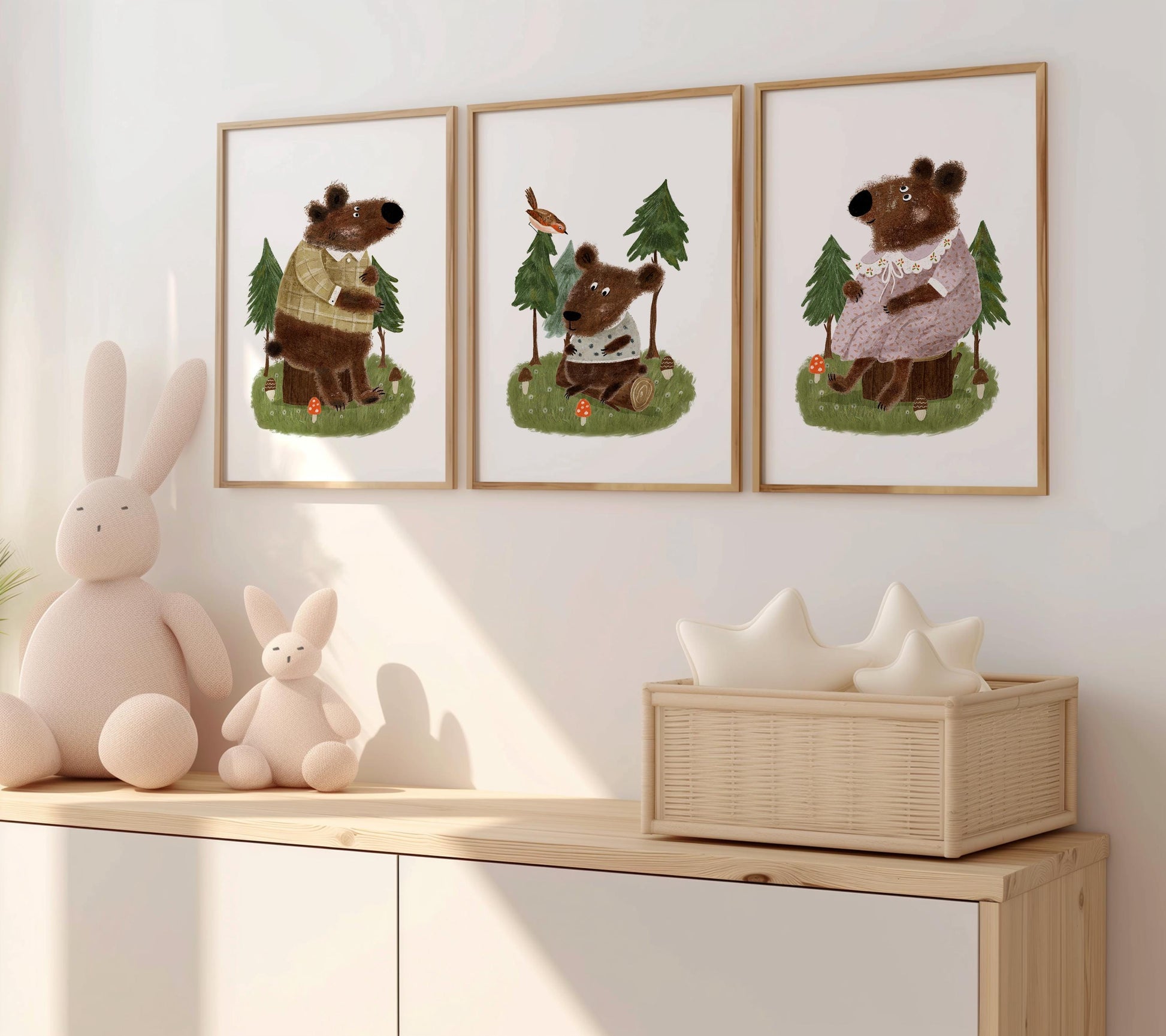 Set of 3 Nursery Woodland Art Prints, Bear Family Wall Decor, Storybook Poster, Forest animal Art, Playroom Themes, Kids Nature Posters N193