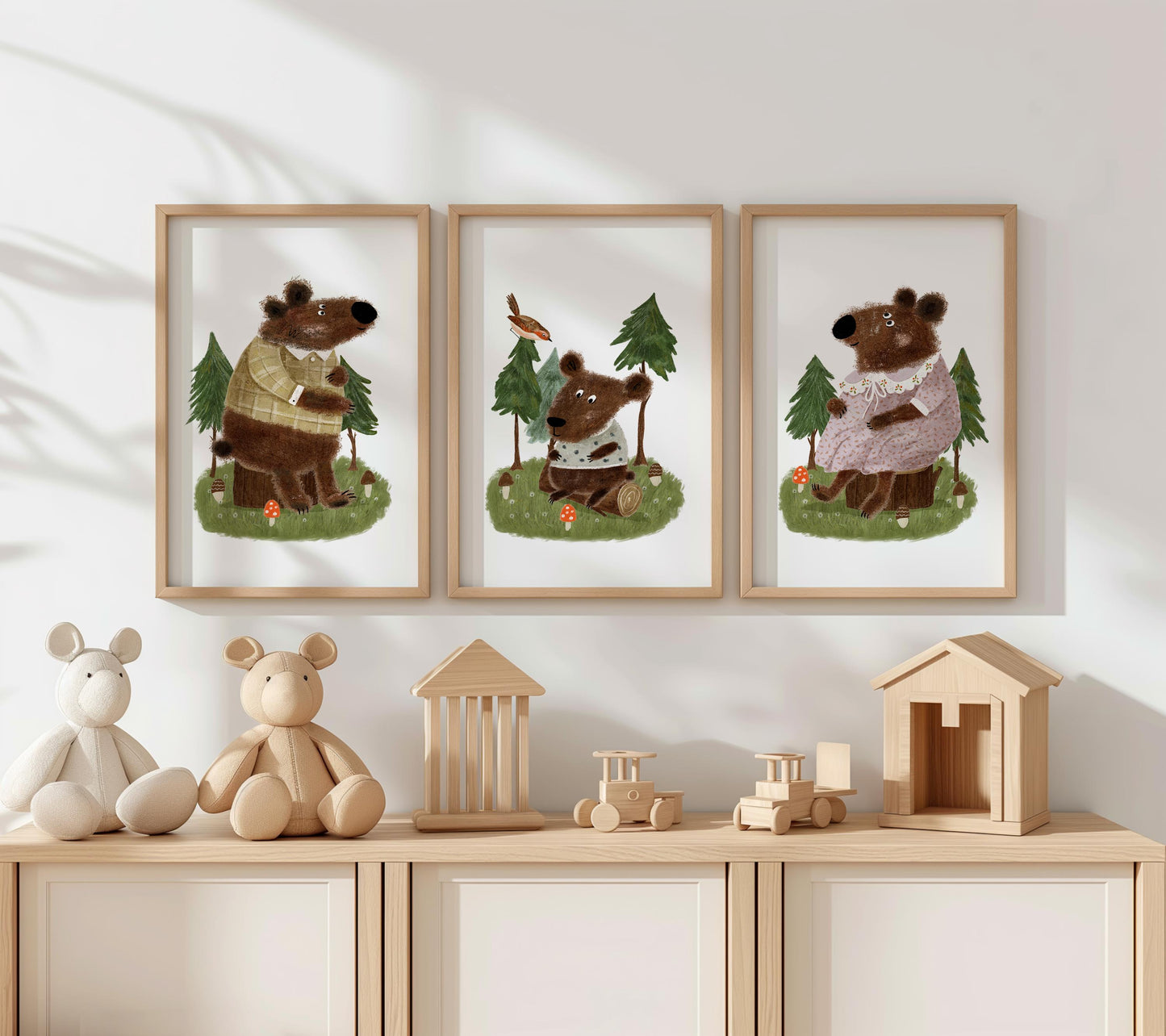 Set of 3 Nursery Woodland Art Prints, Bear Family Wall Decor, Storybook Poster, Forest animal Art, Playroom Themes, Kids Nature Posters N193