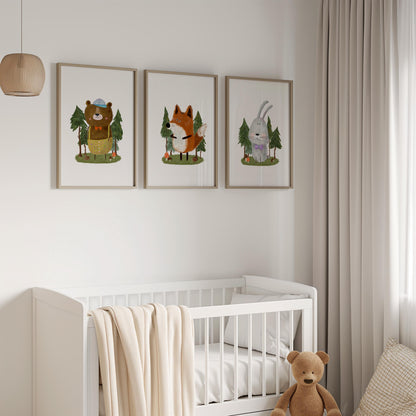 Set of 3 Nursery Art Prints, Woodland Wall Art Print for Cozy Children's Room, Watercolor Kids art, Storybook Poster, Fox Bear Wall Art N194