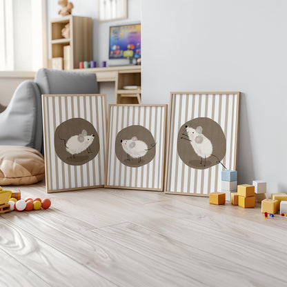 Mouse Nursery Wall Art, Neutral Striped Prints Set of 3, Whimsical Animal Kids Room Decor, Gender Neutral Baby Room Art N195