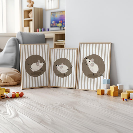 Mouse Nursery Wall Art, Neutral Striped Prints Set of 3, Whimsical Animal Kids Room Decor, Gender Neutral Baby Room Art N195