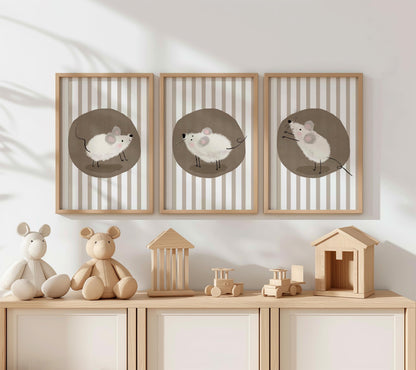Mouse Nursery Wall Art, Neutral Striped Prints Set of 3, Whimsical Animal Kids Room Decor, Gender Neutral Baby Room Art N195