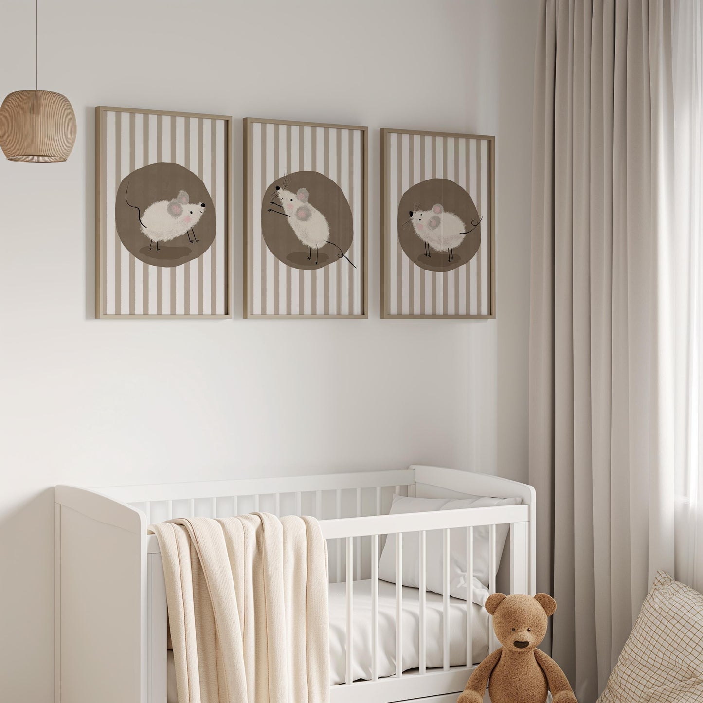 Mouse Nursery Wall Art, Neutral Striped Prints Set of 3, Whimsical Animal Kids Room Decor, Gender Neutral Baby Room Art N195