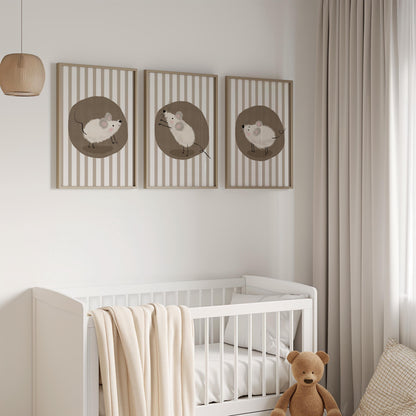 Mouse Nursery Wall Art, Neutral Striped Prints Set of 3, Whimsical Animal Kids Room Decor, Gender Neutral Baby Room Art N195