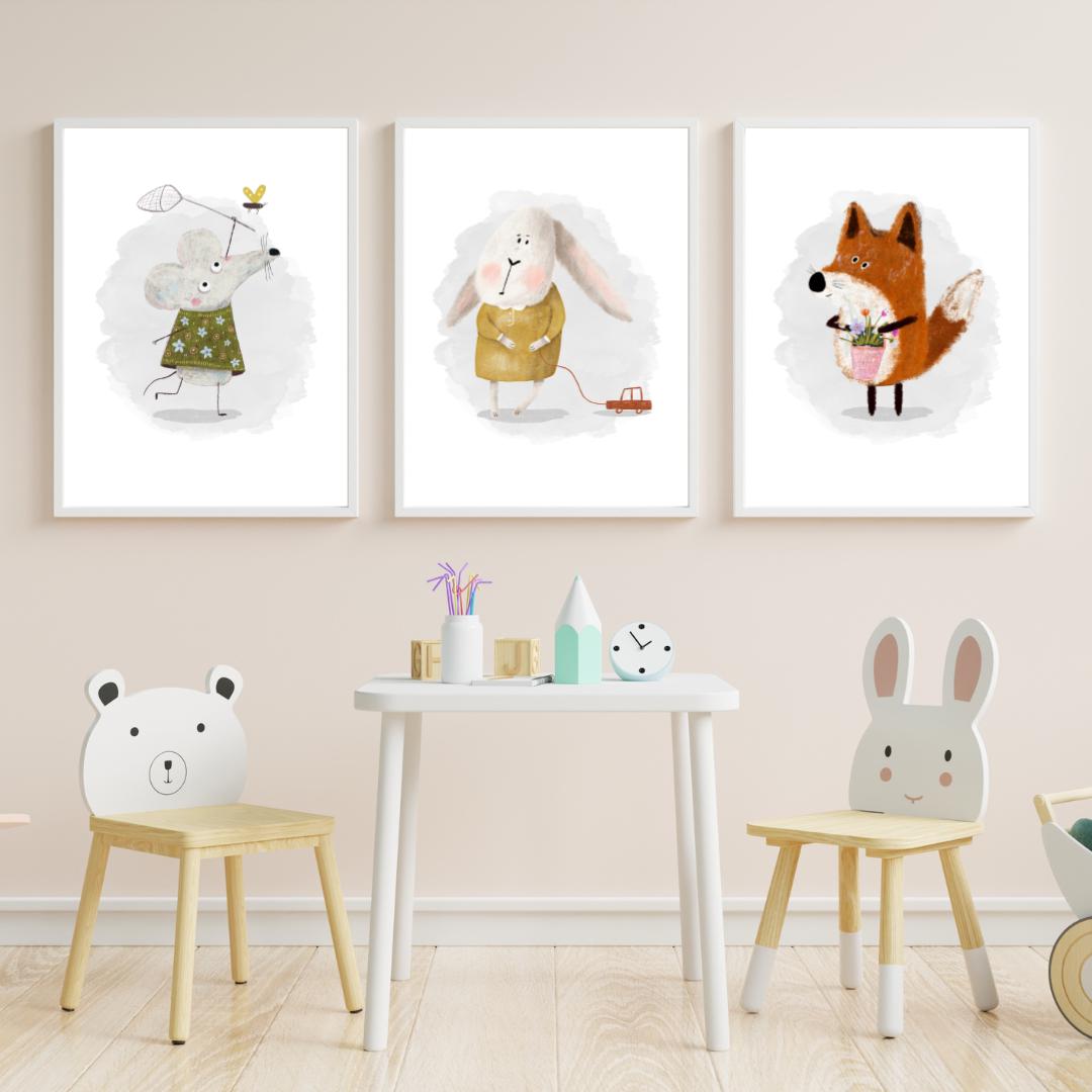 Woodland Nursery Prints, Watercolor Animal Art, Set of 3 N196