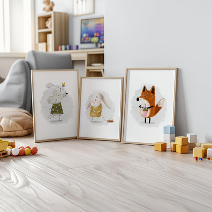 Woodland Nursery Prints, Watercolor Animal Art, Set of 3 N196