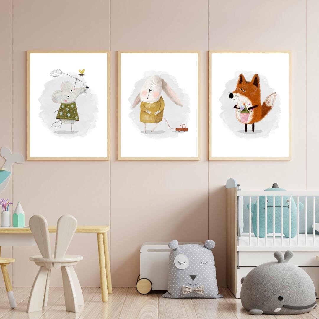 Woodland Nursery Prints, Watercolor Animal Art, Set of 3 N196