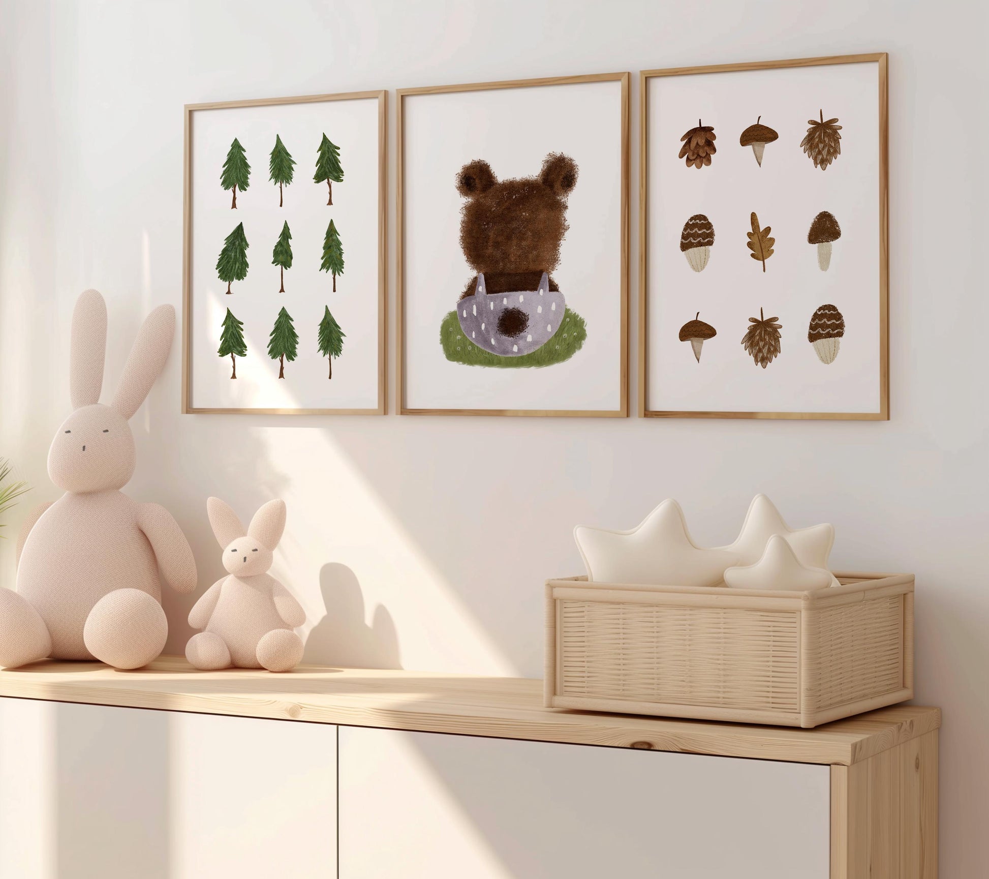 Woodland Nursery Wall Art Set, Forest Bear & Tree Prints, Neutral Baby Room Décor, Nature Kids Wall Prints Set of 3 N197