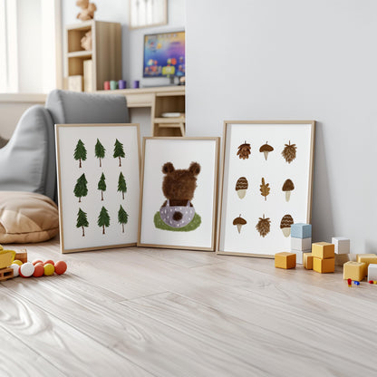 Woodland Nursery Wall Art Set, Forest Bear & Tree Prints, Neutral Baby Room Décor, Nature Kids Wall Prints Set of 3 N197