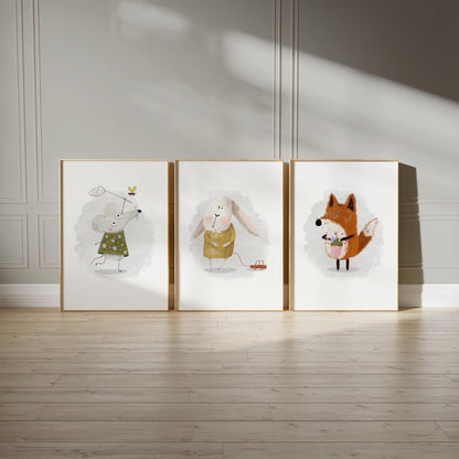 Woodland Nursery Prints, Watercolor Animal Art, Set of 3 N196