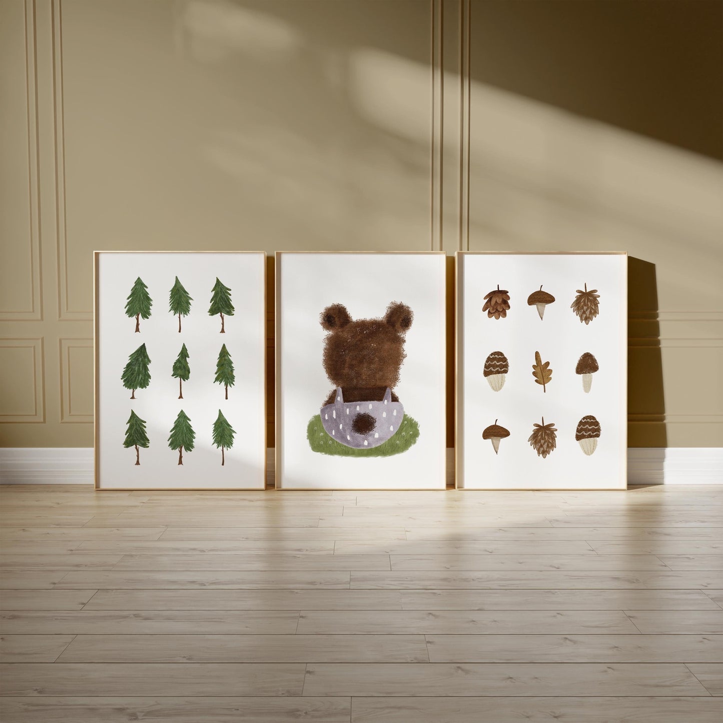 Woodland Nursery Wall Art Set, Forest Bear & Tree Prints, Neutral Baby Room Décor, Nature Kids Wall Prints Set of 3 N197