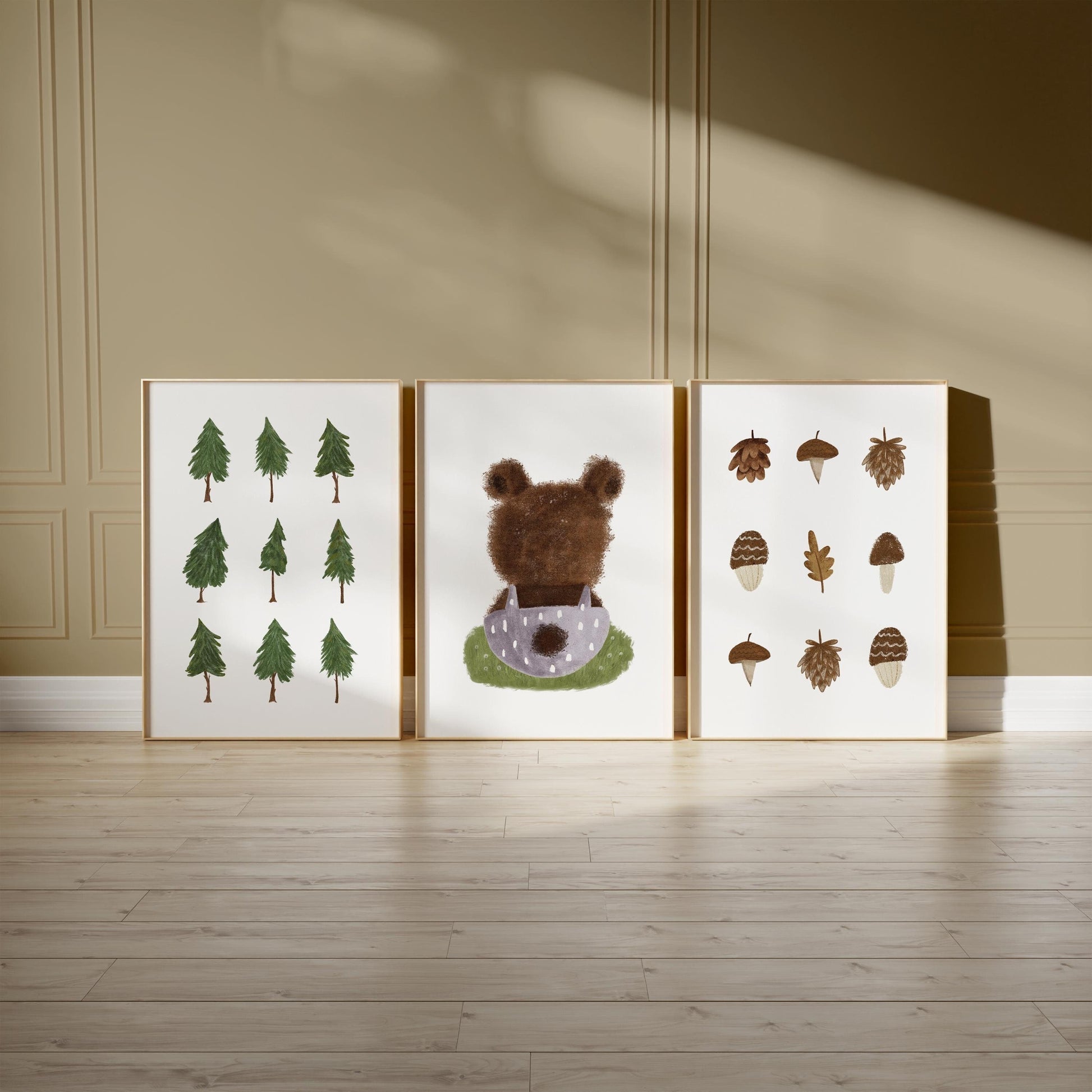 Woodland Nursery Wall Art Set, Forest Bear & Tree Prints, Neutral Baby Room Décor, Nature Kids Wall Prints Set of 3 N197
