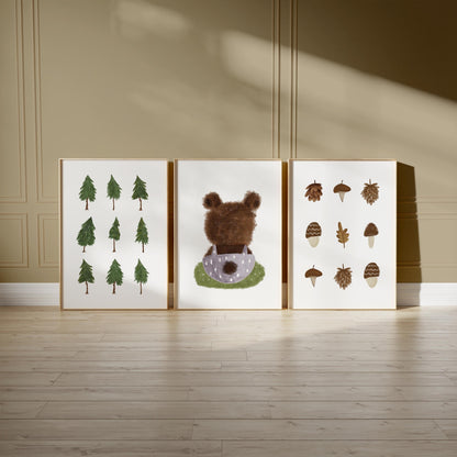 Woodland Nursery Wall Art Set, Forest Bear & Tree Prints, Neutral Baby Room Décor, Nature Kids Wall Prints Set of 3 N197