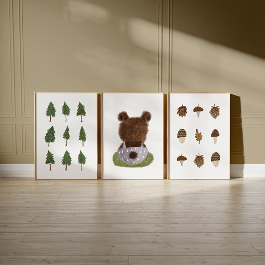 Woodland Nursery Wall Art Set, Forest Bear & Tree Prints, Neutral Baby Room Décor, Nature Kids Wall Prints Set of 3 N197