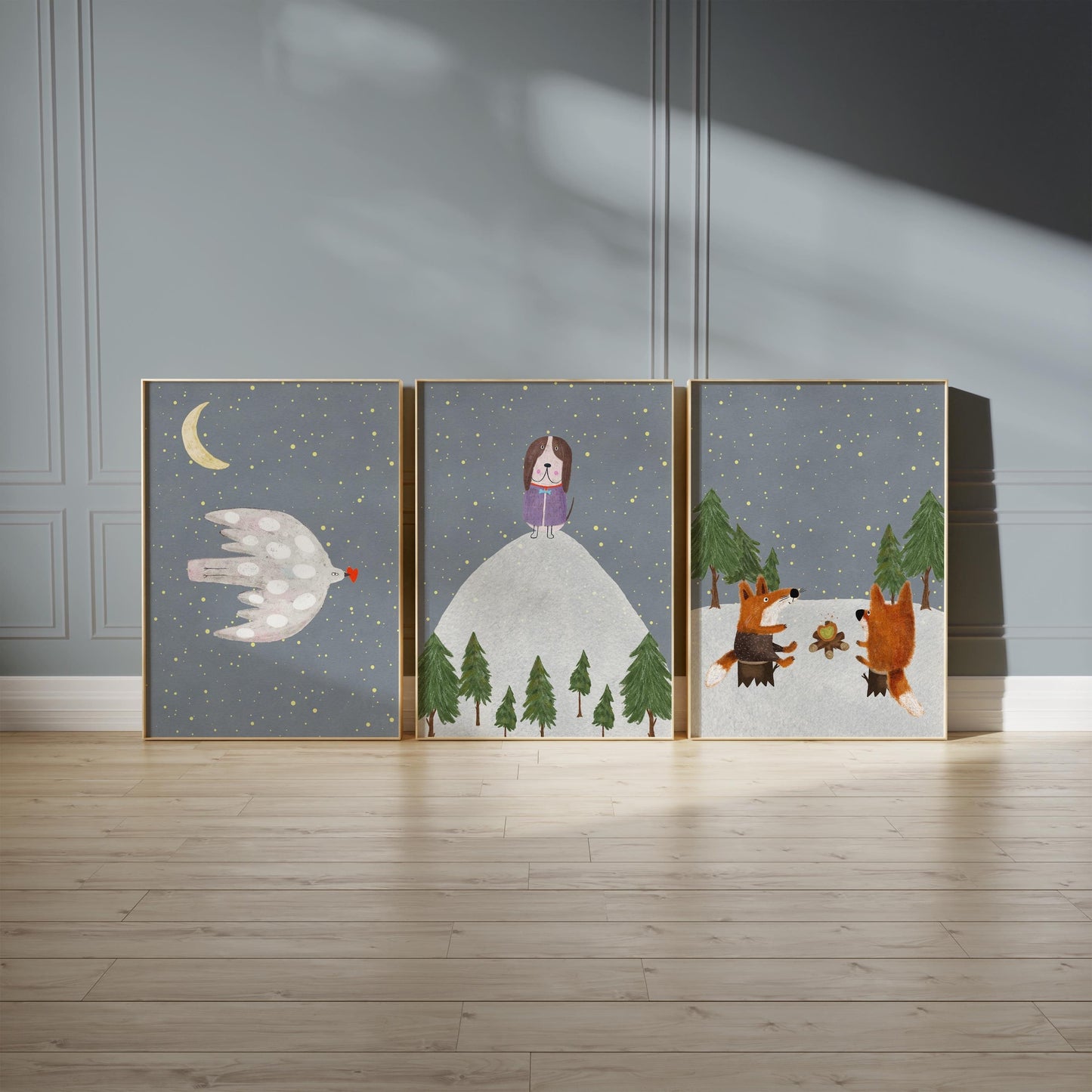 Woodland Nursery Prints, Forest Animals, Starry Night Decor (Set of 3) N198