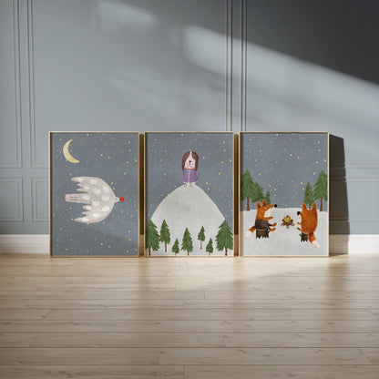 Woodland Nursery Prints, Forest Animals, Starry Night Decor (Set of 3) N198