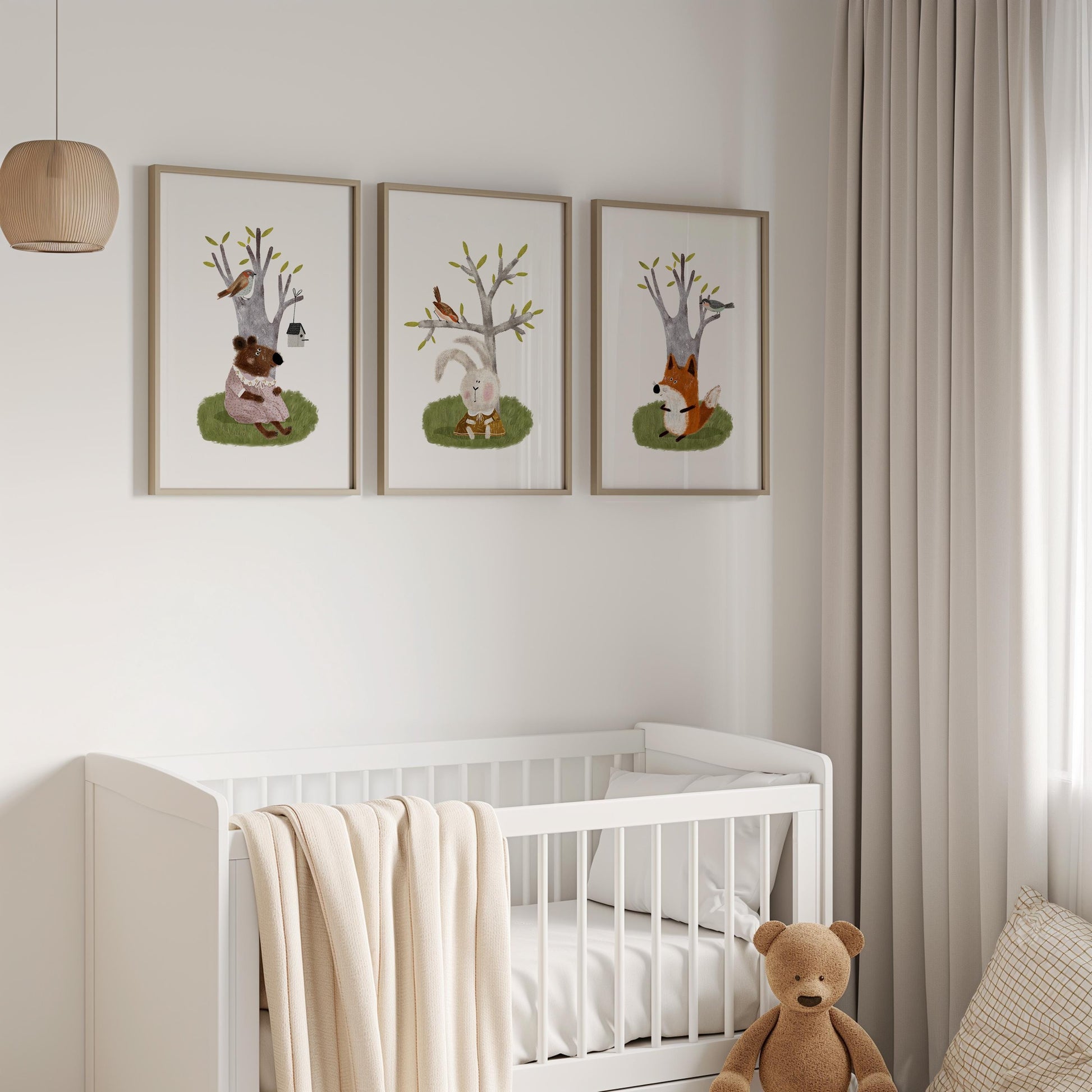 Set of Three Nursery Art Prints, Woodland Animals Wall Art For Kids, Green Nursery Art, Nursery Poster, Neutral Tone Storybook Print N200