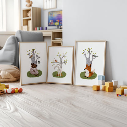 Set of Three Nursery Art Prints, Woodland Animals Wall Art For Kids, Green Nursery Art, Nursery Poster, Neutral Tone Storybook Print N200