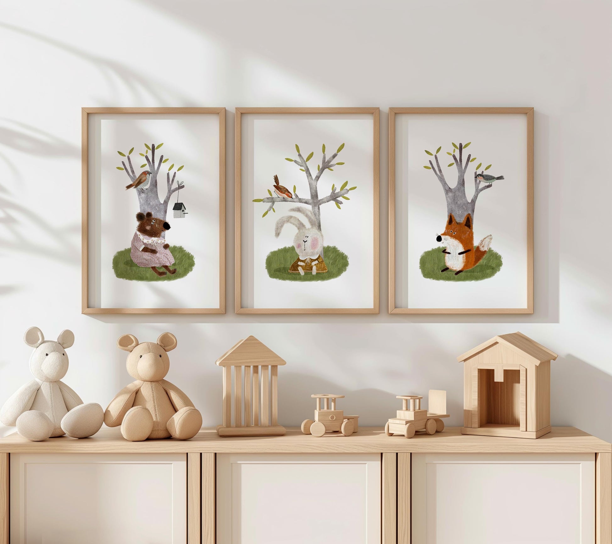 Set of Three Nursery Art Prints, Woodland Animals Wall Art For Kids, Green Nursery Art, Nursery Poster, Neutral Tone Storybook Print N200