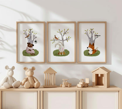 Set of Three Nursery Art Prints, Woodland Animals Wall Art For Kids, Green Nursery Art, Nursery Poster, Neutral Tone Storybook Print N200