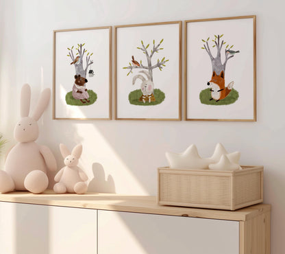 Set of Three Nursery Art Prints, Woodland Animals Wall Art For Kids, Green Nursery Art, Nursery Poster, Neutral Tone Storybook Print N200