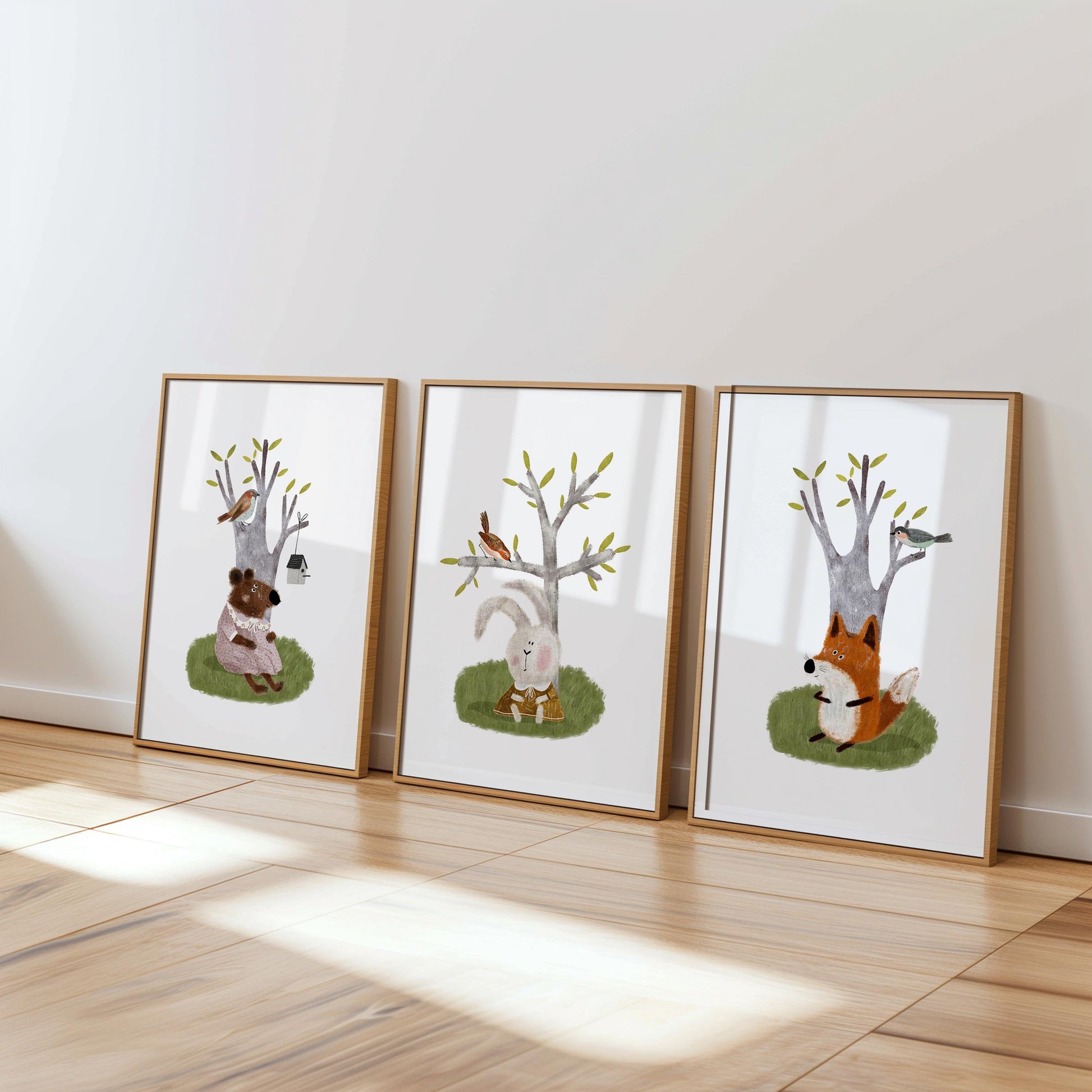 Set of Three Nursery Art Prints, Woodland Animals Wall Art For Kids, Green Nursery Art, Nursery Poster, Neutral Tone Storybook Print N200