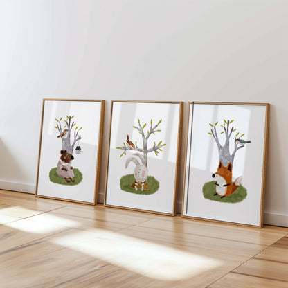 Set of Three Nursery Art Prints, Woodland Animals Wall Art For Kids, Green Nursery Art, Nursery Poster, Neutral Tone Storybook Print N200