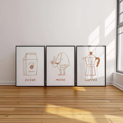 Minimalist Coffee Prints (Set of 3) – Line Art for Kitchen, Dining Room & Bar Decor, Retro Drink Posters D123