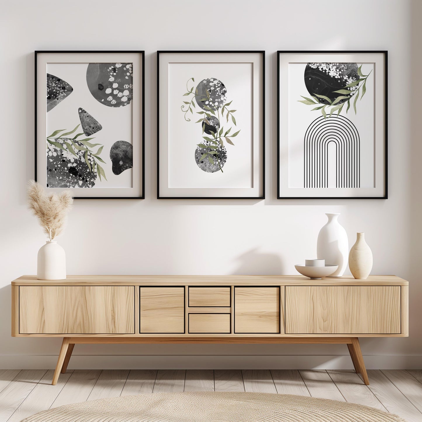 Set of 3 Boho Wall Prints, Boho Wall Art, Boho Decor, Boho Abstract Posters, Geometric Wall Poster, Green and Black Contemporary Art B013
