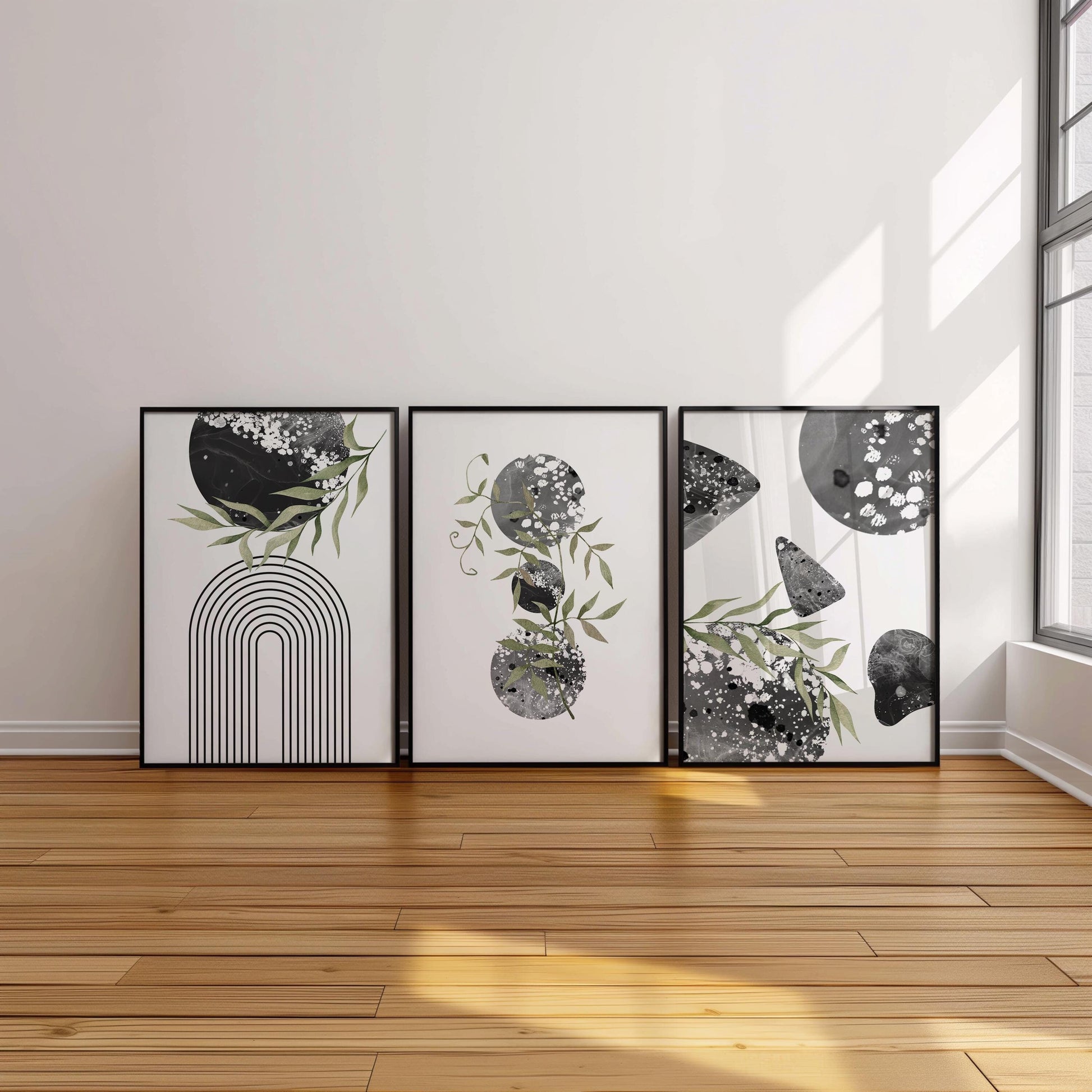 Set of 3 Boho Wall Prints, Boho Wall Art, Boho Decor, Boho Abstract Posters, Geometric Wall Poster, Green and Black Contemporary Art B013