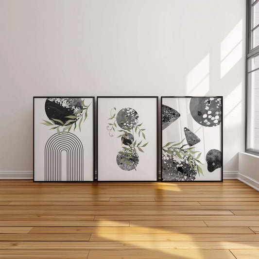Set of 3 Boho Wall Prints, Boho Wall Art, Boho Decor, Boho Abstract Posters, Geometric Wall Poster, Green and Black Contemporary Art B013