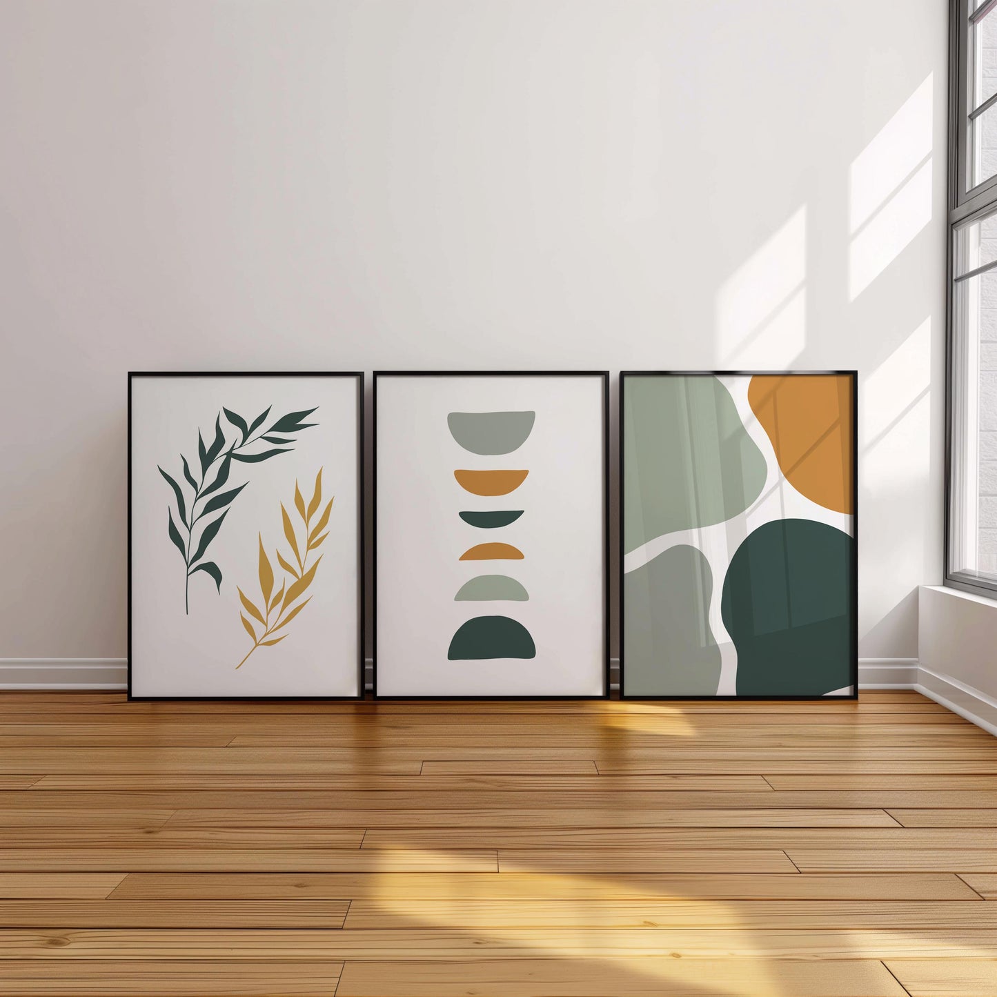 Set of 3 Boho Wall Art Prints, Sage Green Wall Prints, Boho Abstract Posters, Geometric Earth Tone Wall Poster, Mid Century Modern Decor B15