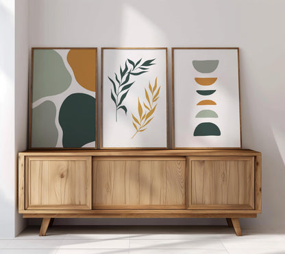 Set of 3 Boho Wall Art Prints, Sage Green Wall Prints, Boho Abstract Posters, Geometric Earth Tone Wall Poster, Mid Century Modern Decor B15