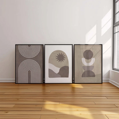 Set of 3 Boho Wall Art Prints, Desert Boho Home Decor, Boho Abstract Geometric Posters, Sun Poster, Beige Living Room Art, Mid Century B016