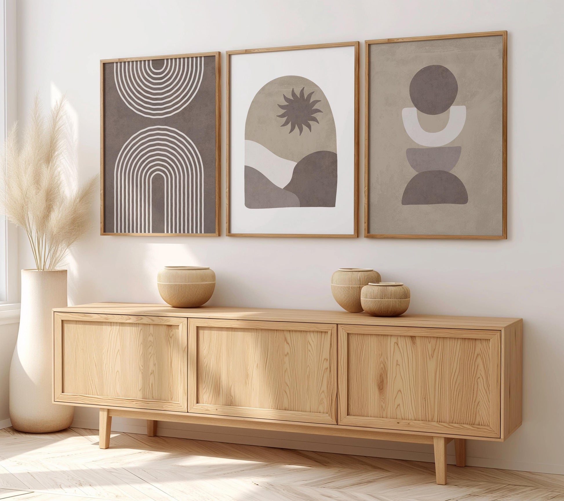 Set of 3 Boho Wall Art Prints, Desert Boho Home Decor, Boho Abstract Geometric Posters, Sun Poster, Beige Living Room Art, Mid Century B016