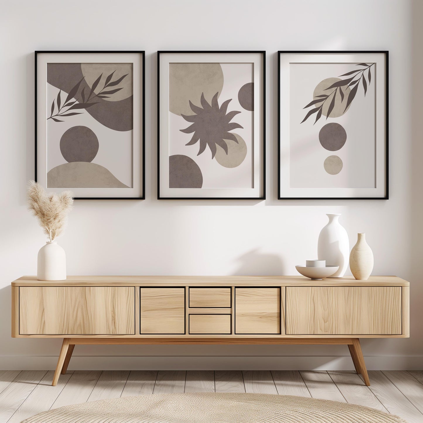 Set of 3 Boho Wall Art Prints, Earth Tone Boho Home Decor, Boho Abstract Geometric Posters, Beige Living Room Art, Sun Mid Century Art B017