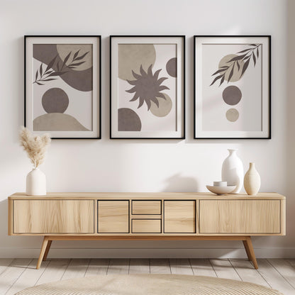 Set of 3 Boho Wall Art Prints, Earth Tone Boho Home Decor, Boho Abstract Geometric Posters, Beige Living Room Art, Sun Mid Century Art B017
