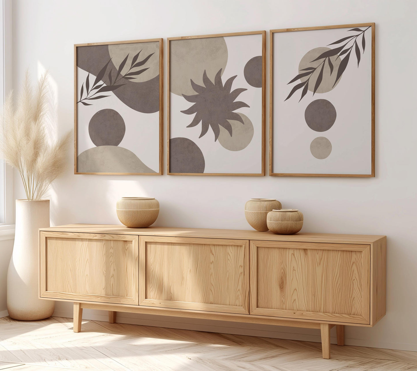 Set of 3 Boho Wall Art Prints, Earth Tone Boho Home Decor, Boho Abstract Geometric Posters, Beige Living Room Art, Sun Mid Century Art B017