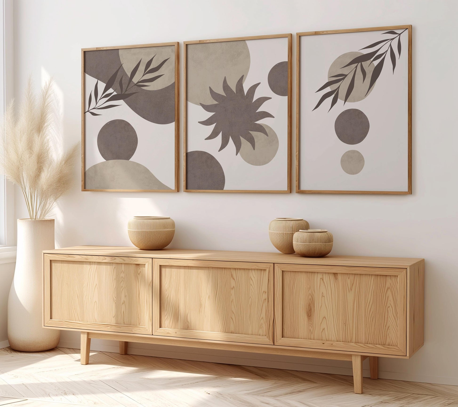Set of 3 Boho Wall Art Prints, Earth Tone Boho Home Decor, Boho Abstract Geometric Posters, Beige Living Room Art, Sun Mid Century Art B017